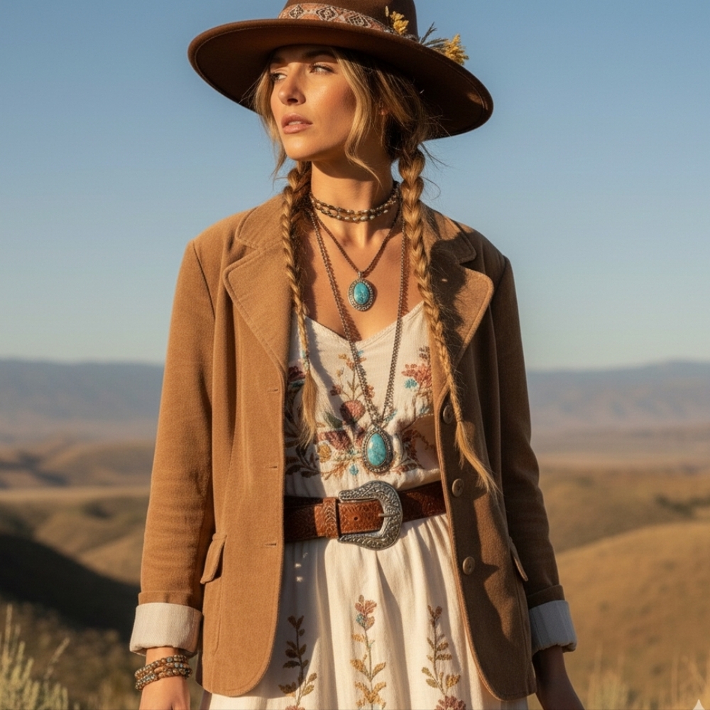 Lady Hathaway M Vintage 90s Bohemian Western Cowgirl Tan Corduroy Blazer